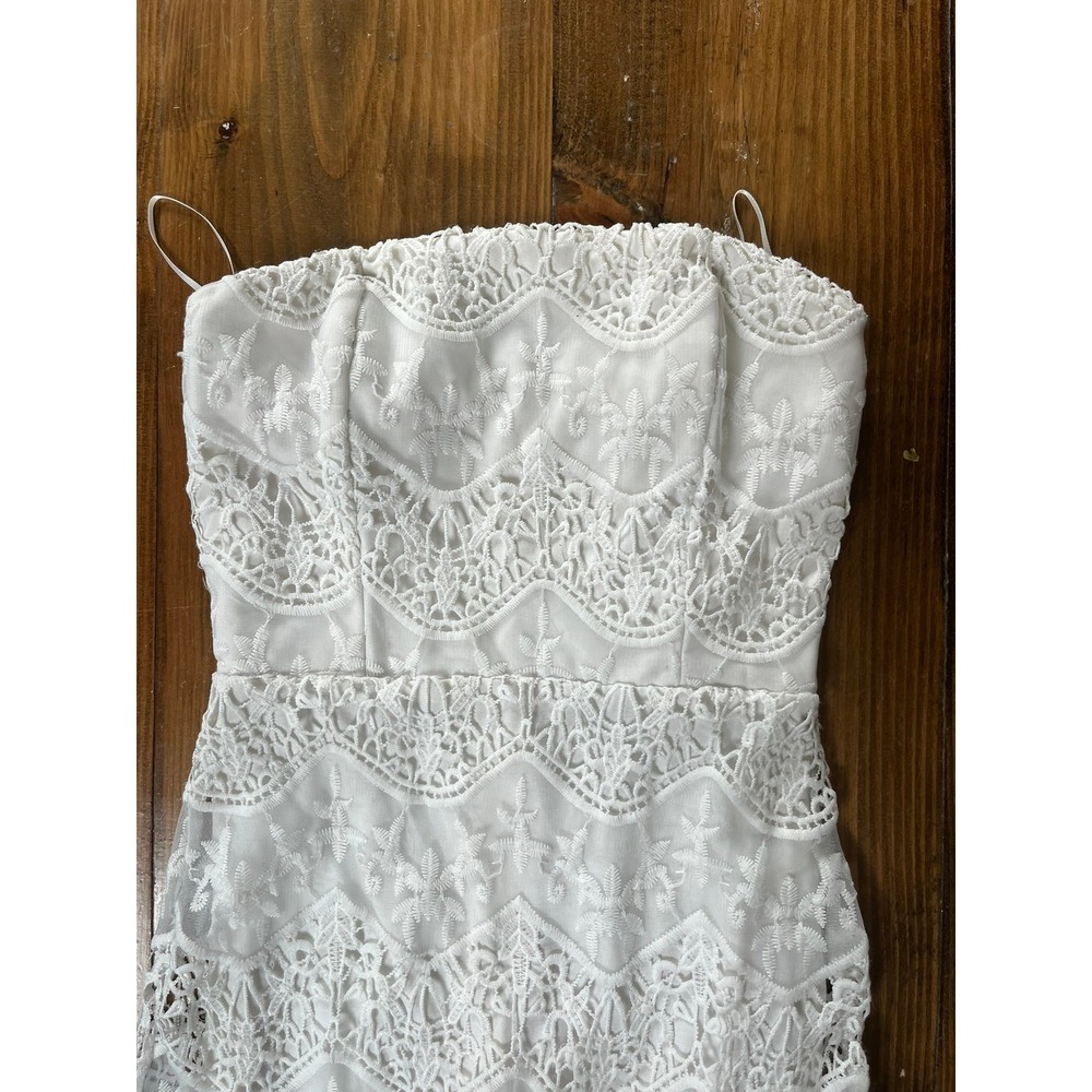 Milla White Lace Strapless Midi Dress Crochet Sheath Bridal Shower Small - Picture 4 of 9